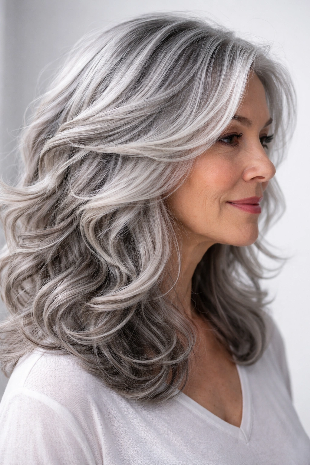 Hair with natural waves and layered silver strands.