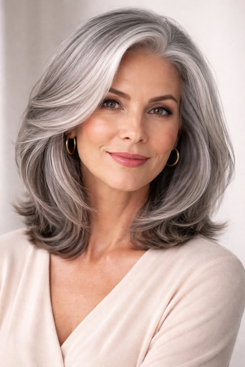 Portrait of a gray hairstyle with defined shape and texture.