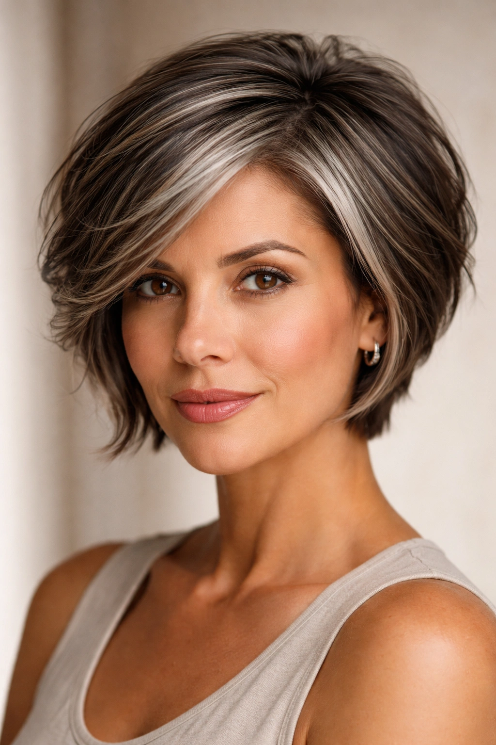 10 Short Haircuts Accented With Soft Gray Highlights 12 Close-up of hair with face-framing and scattered gray highlights for depth.