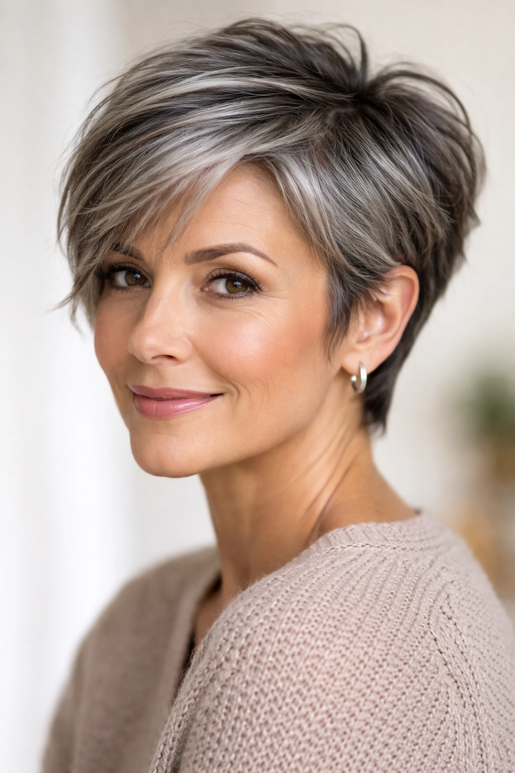 10 Short Haircuts Accented With Soft Gray Highlights 15 Close-up portrait of a person with short gray-highlighted hair