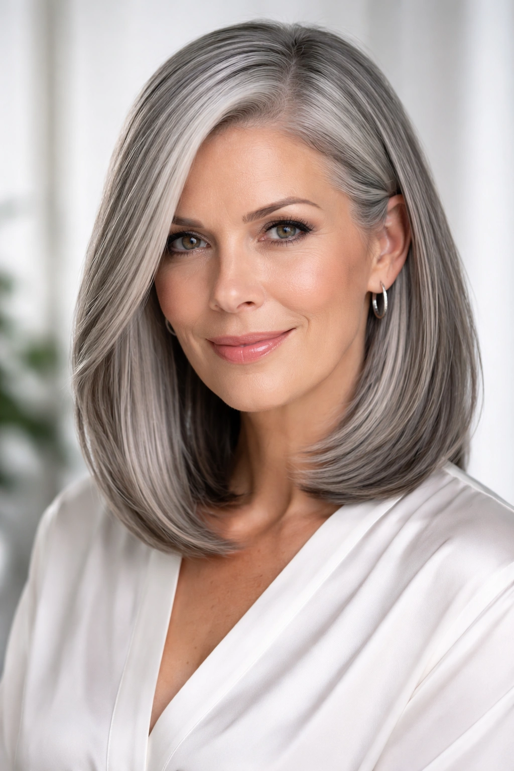 Glossy straight gray lob with side part hairstyle
