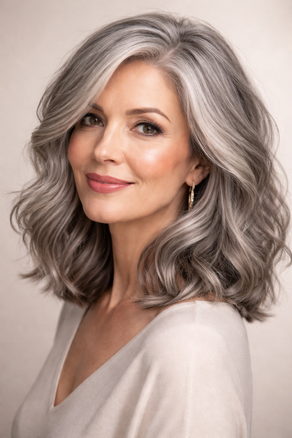 Wavy gray lob with side part and soft waves