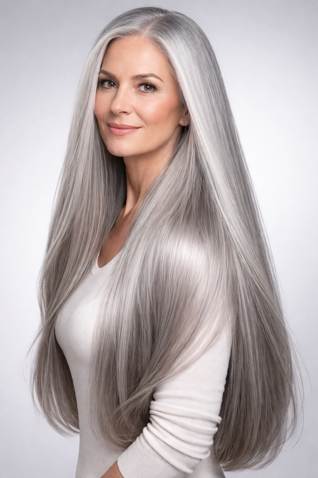 Long silver-gray hair with sleek straight texture and high shine