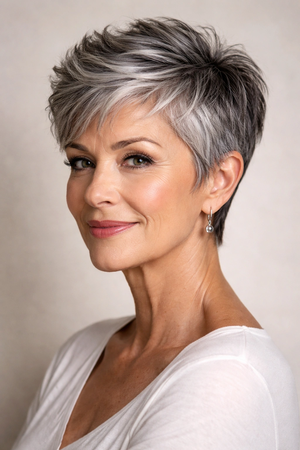 Close-up of a salt-and-pepper pixie cut with top volume
