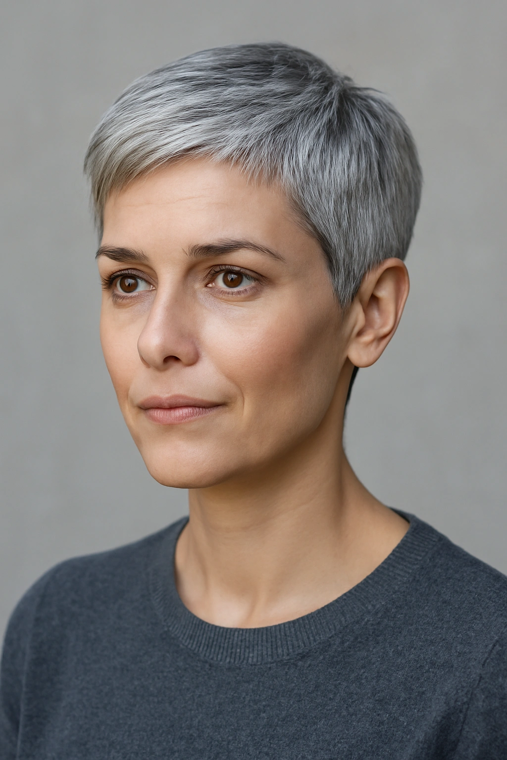 Close-up portrait of a model with a gray pixie haircut