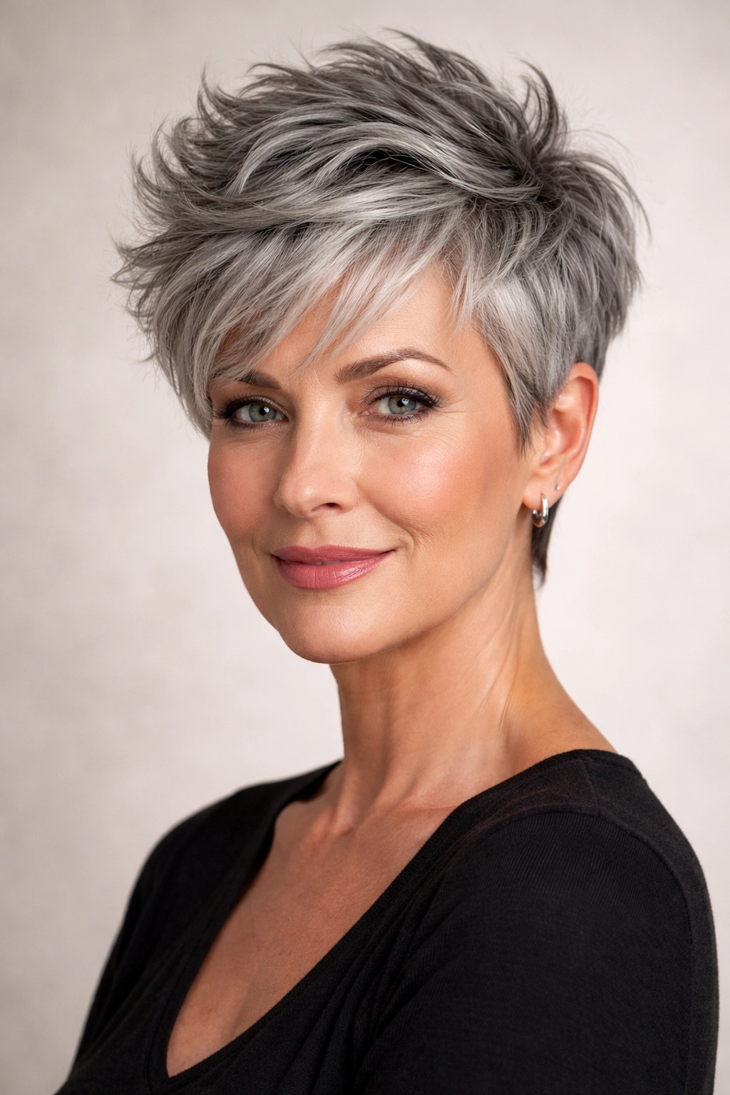 Textured gray pixie with layered top and tapered sides