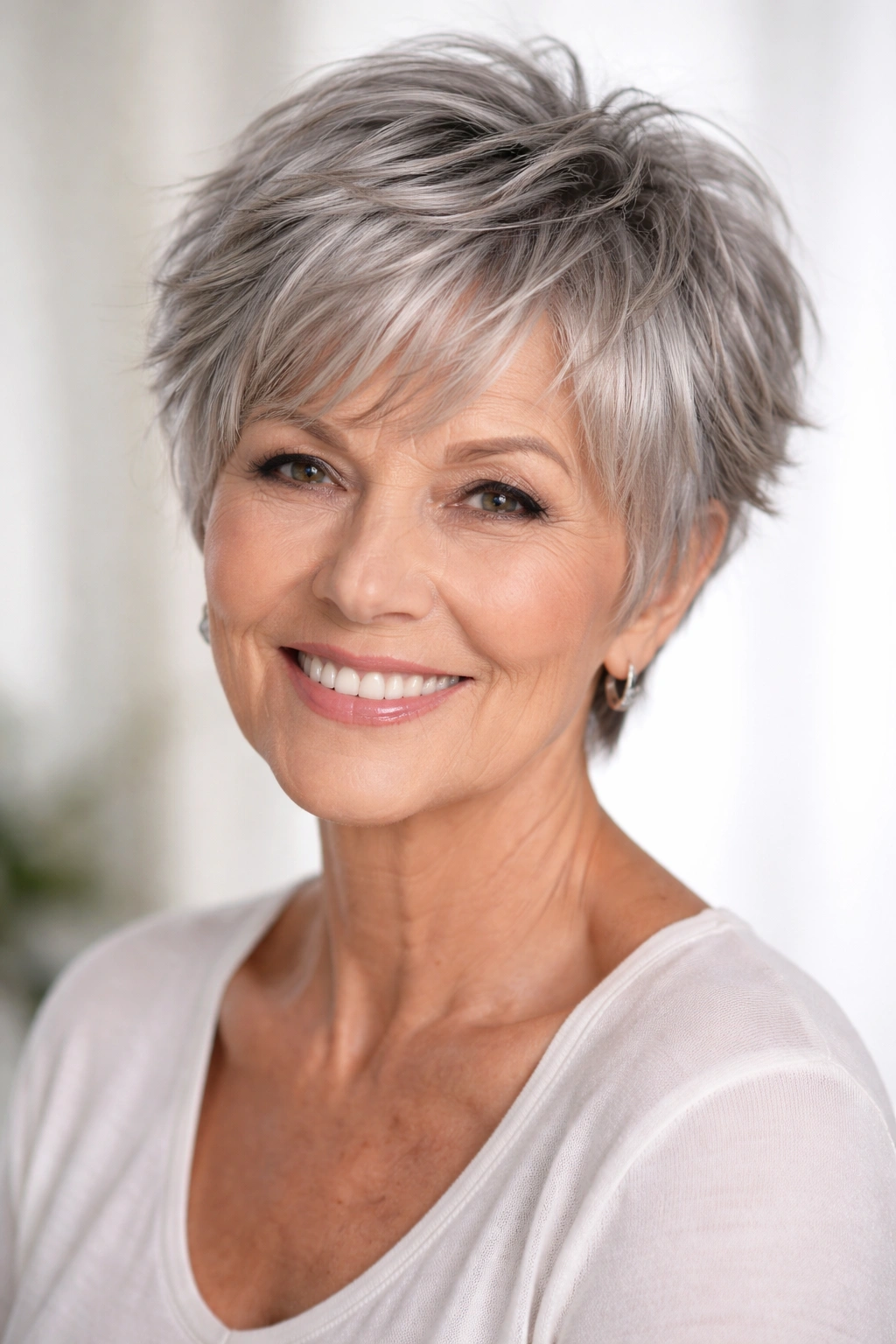 Portrait of a woman with a textured layered gray pixie showing volume and movement.