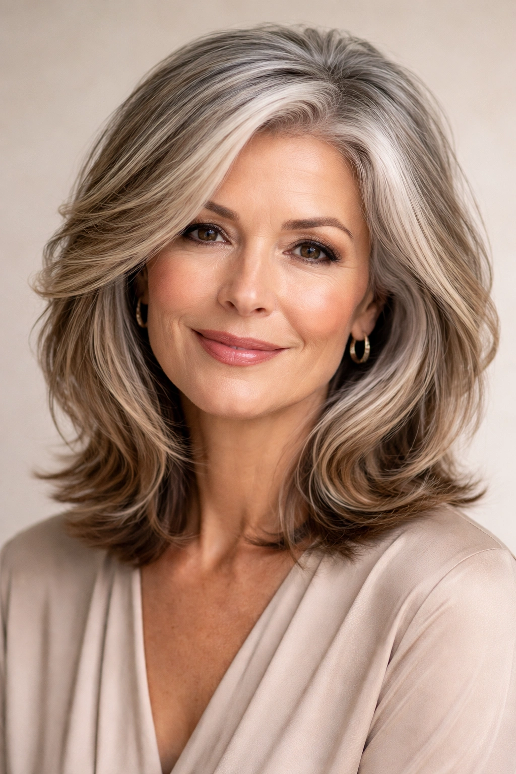 Mature woman with gray and platinum hair with warm caramel highlights.