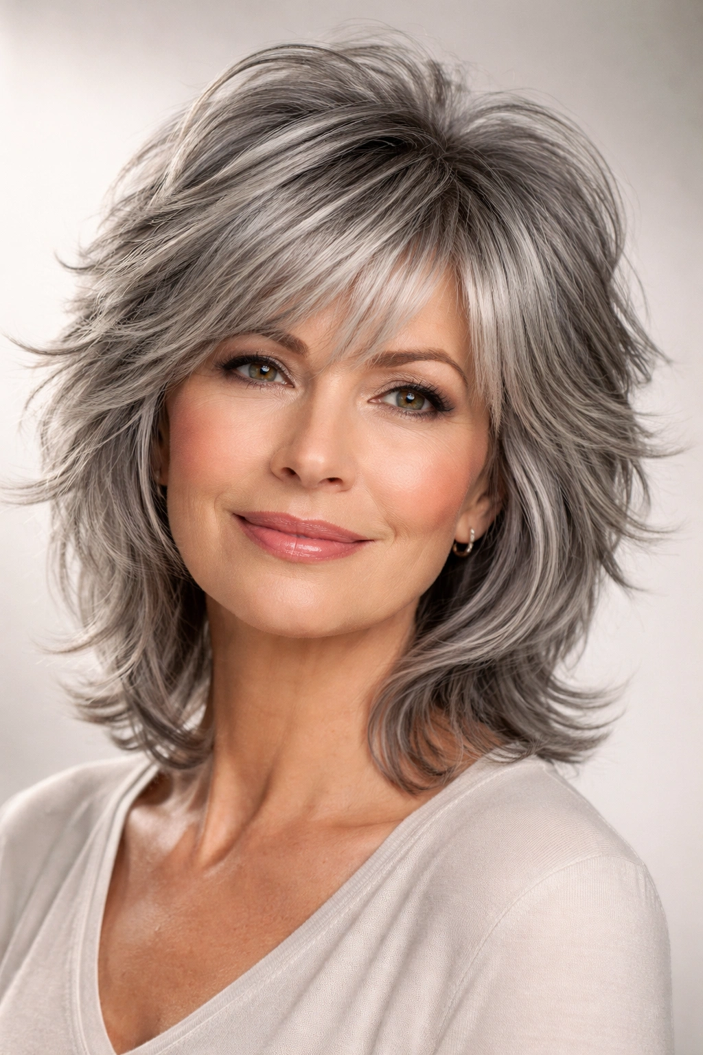Close-up portrait of a person with a silver-gray shag cut showing layered texture and light reflection