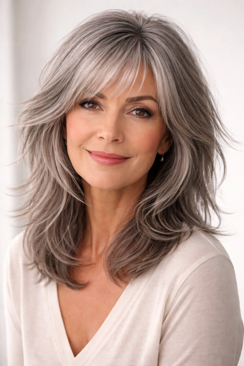Shoulder-length gray shag with fringe and layered texture