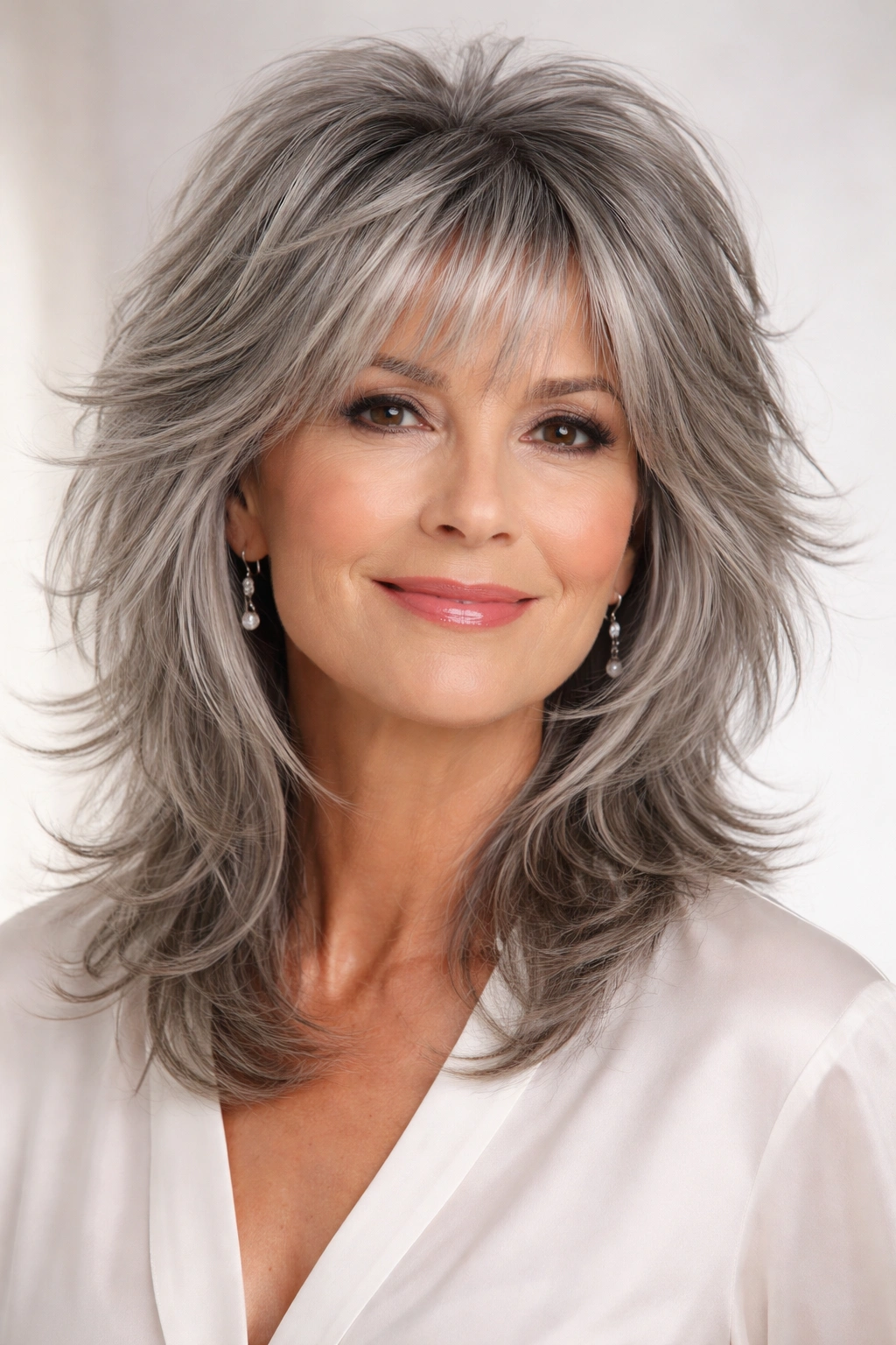 Gray layered shag with wispy bangs showcasing textured layers and volume
