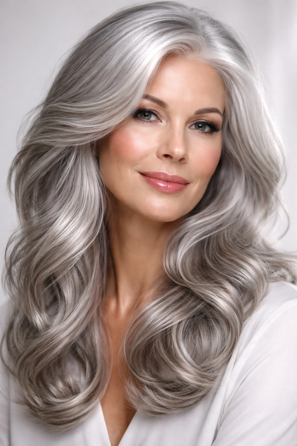 Glossy silver-gray hair with bright shine and smooth texture.