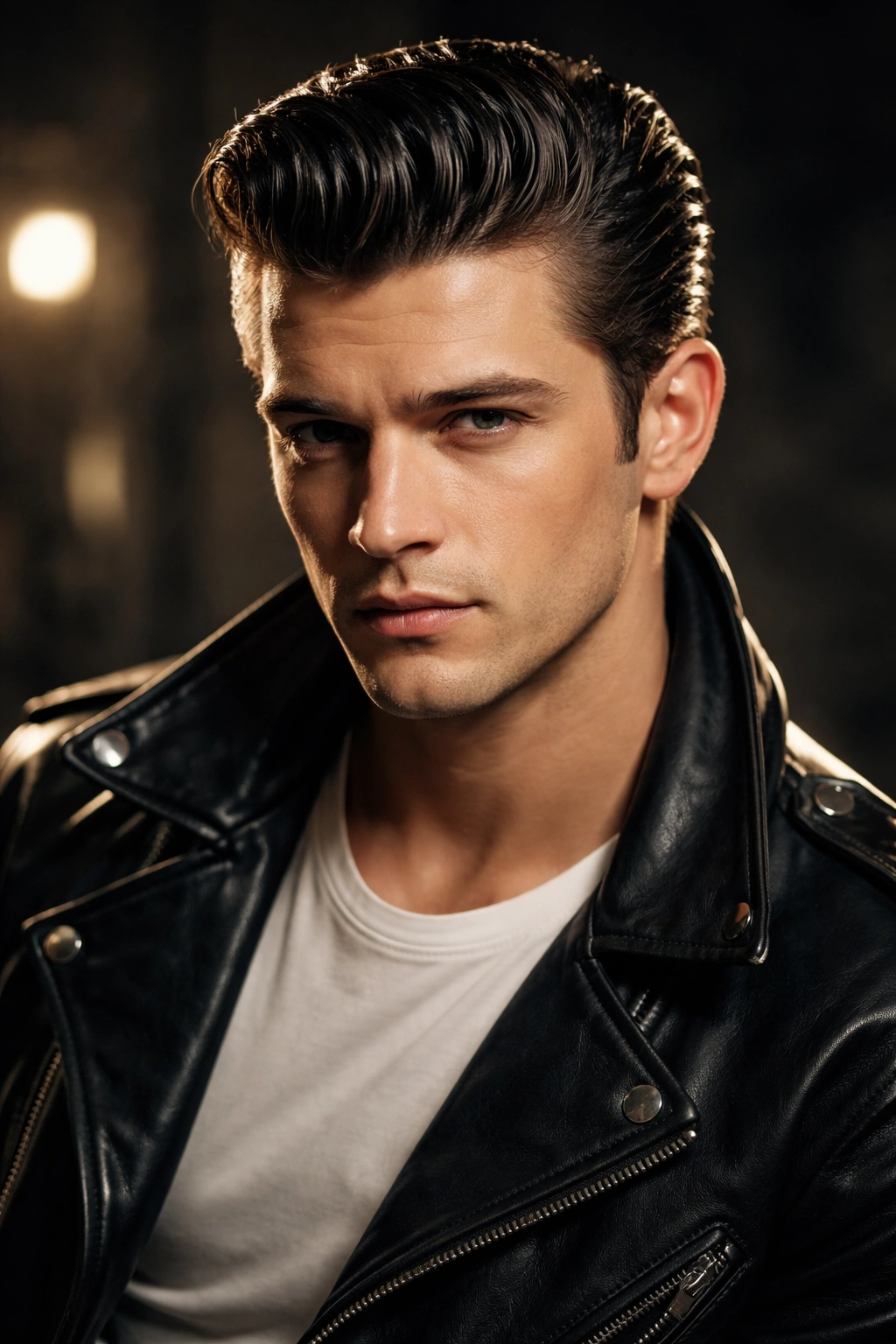 Portrait of a man with slicked-back greaser hairstyle and strong shine.