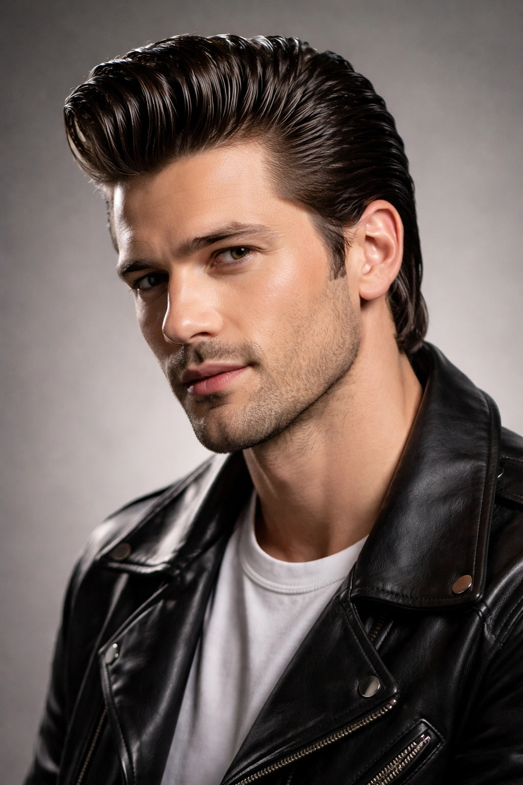 Close-up of a man with a glossy slicked-back greaser hairstyle.