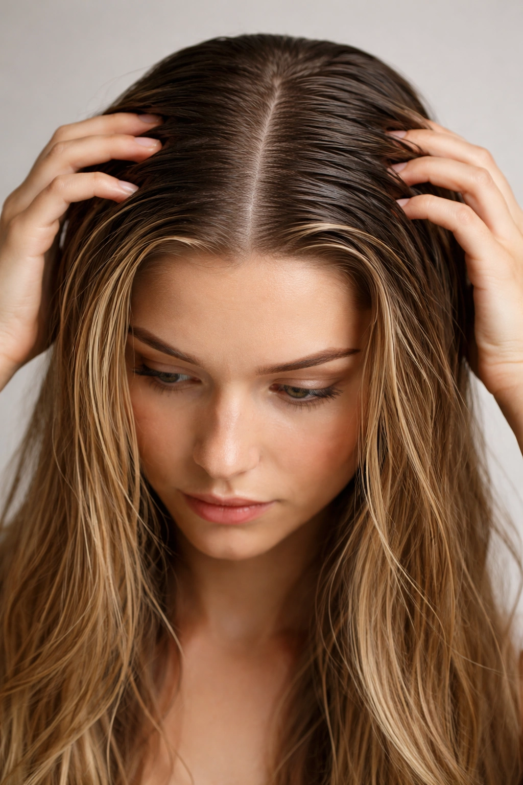 Close-up of oily hair with flat roots indicating over-conditioning