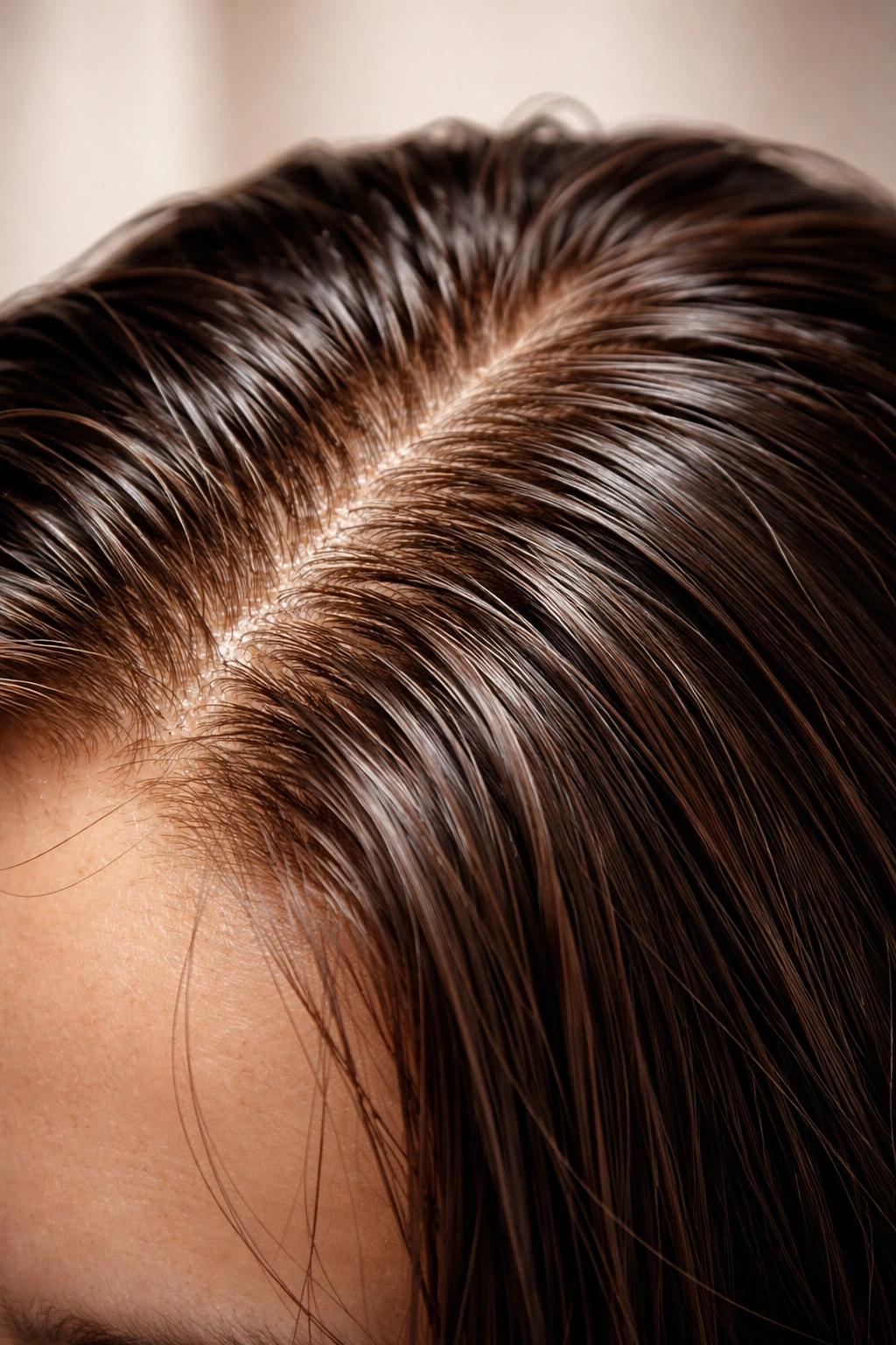 Close-up of oily hair and scalp showing natural sebum
