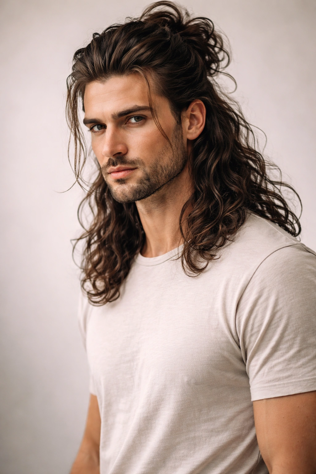 Man with long Greek-inspired hair in modern outfit in studio