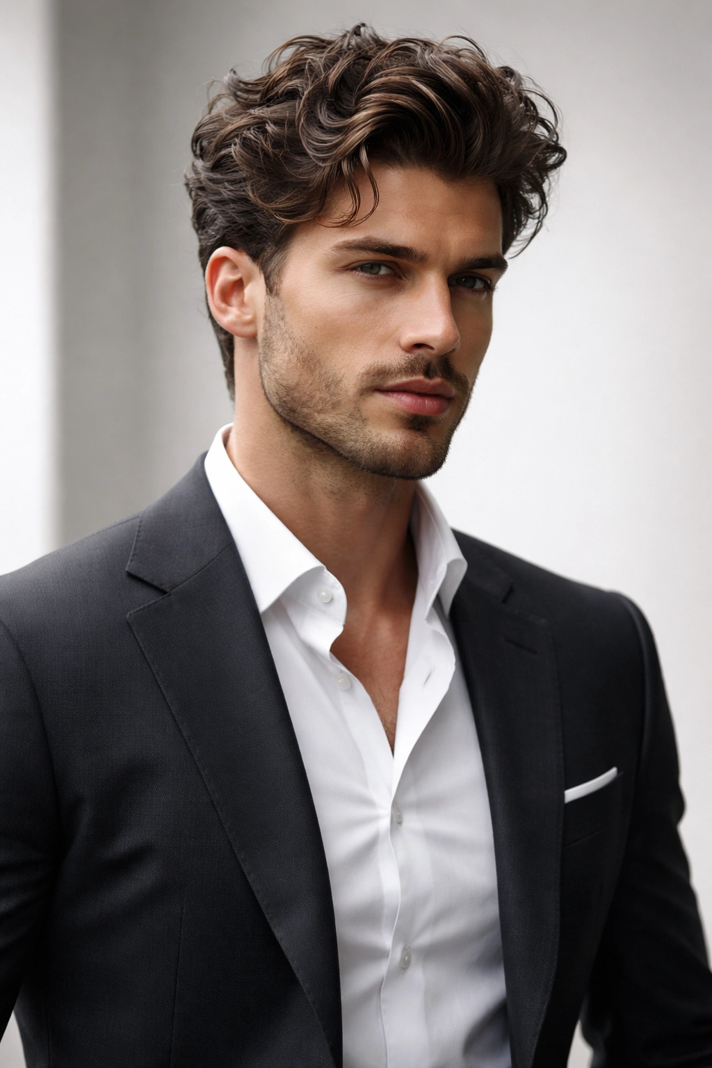 Male portrait with ancient Greek hairstyle adapted to modern suit in studio