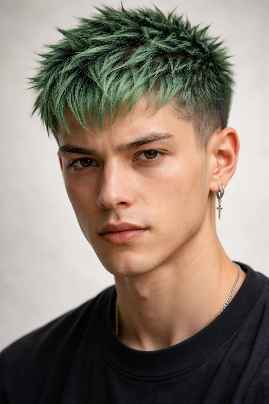 Close-up of a short green crop hairstyle with textured layers