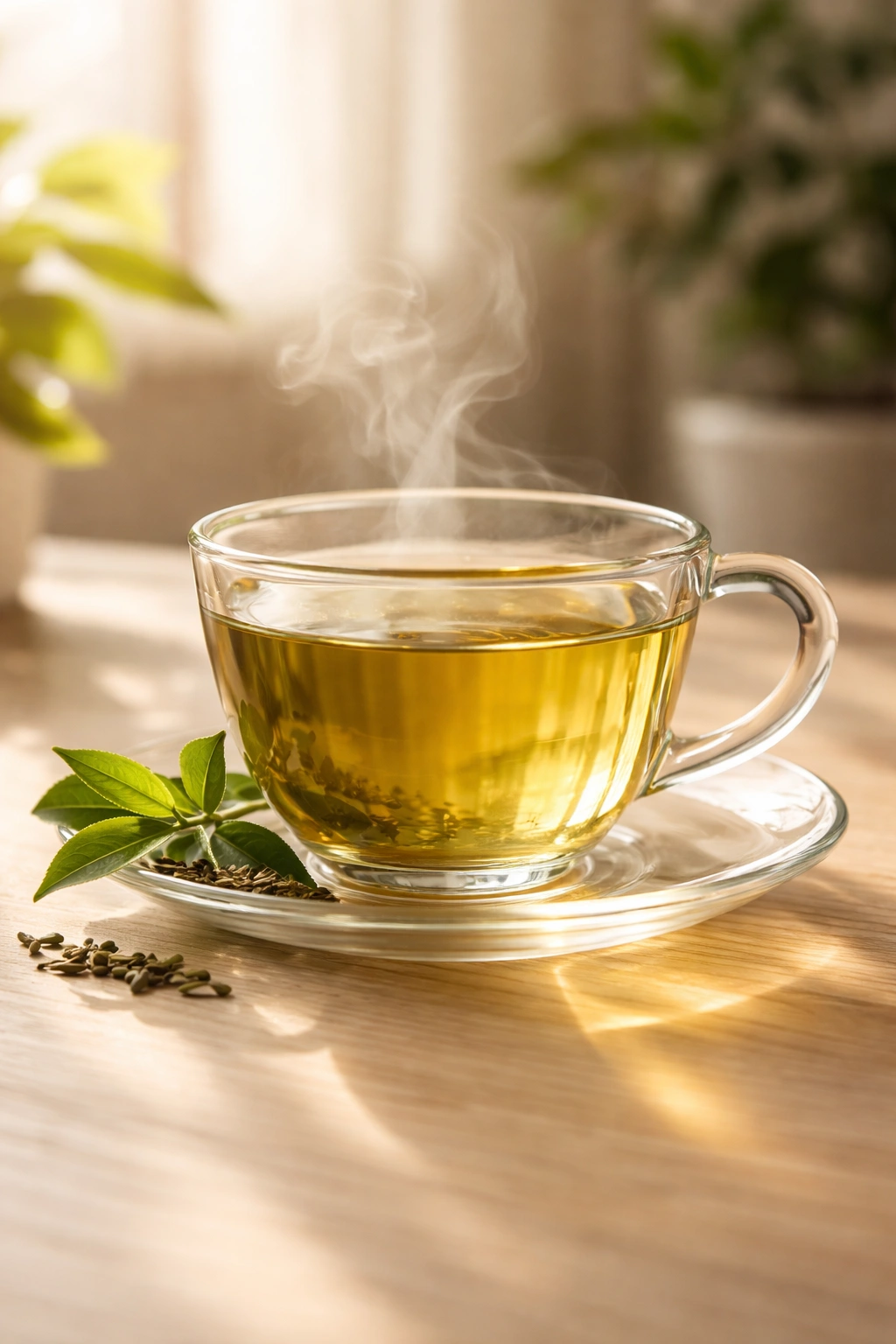 Cup of green tea with steam on a clean surface as a healthier energy alternative.