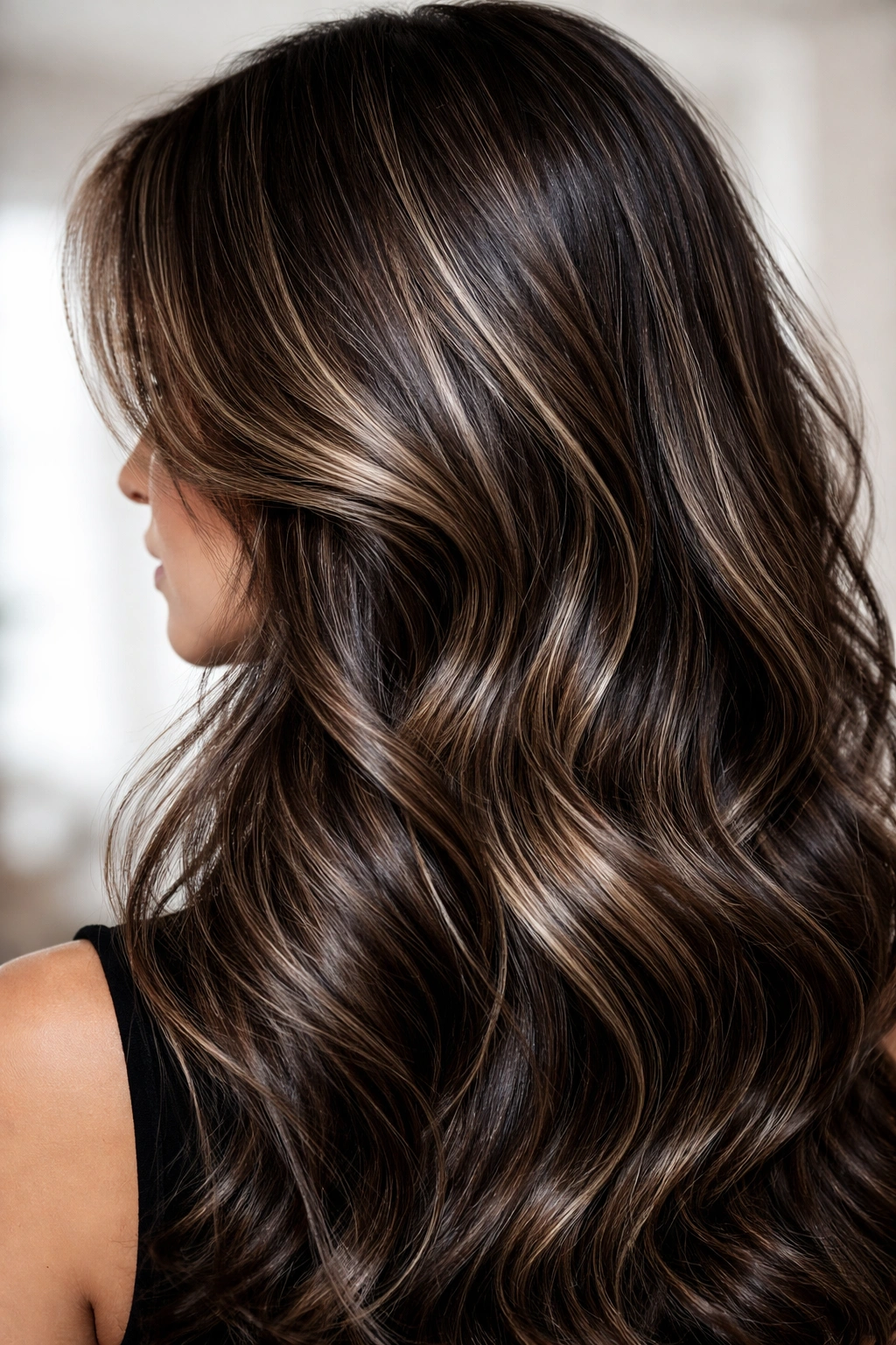 Close-up hair showing grey blending into dark brown with multi-tone highlights