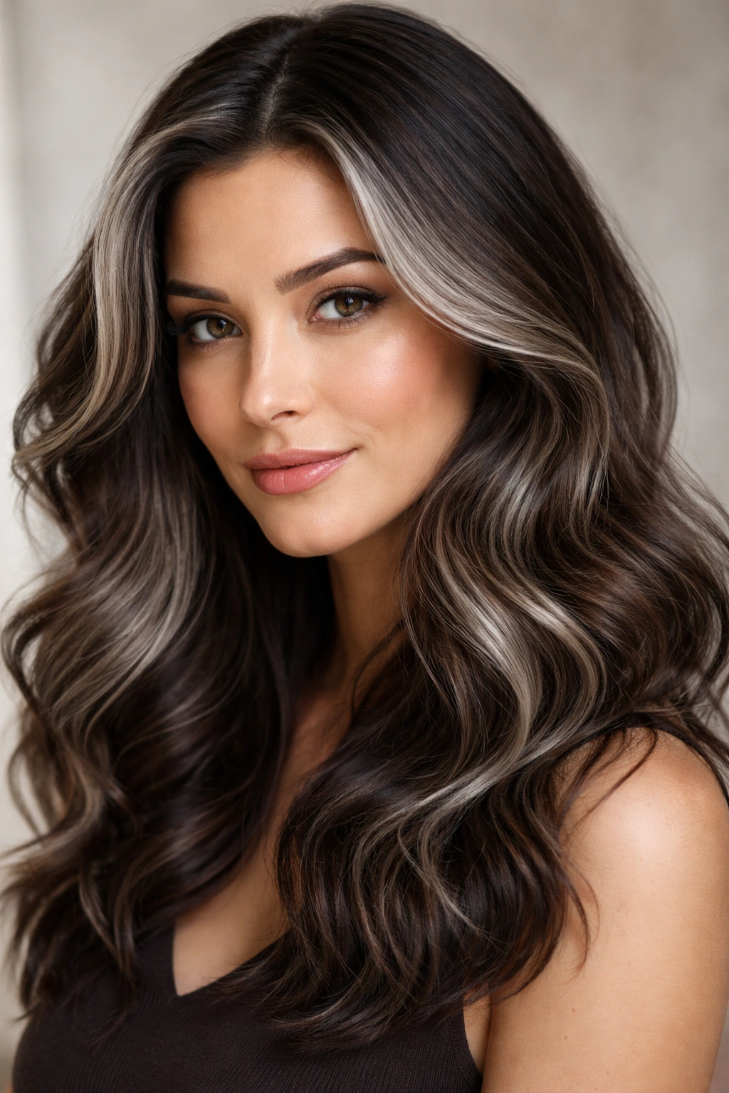 Close-up of hair showing seamless blend of dark brown and silver grey tones