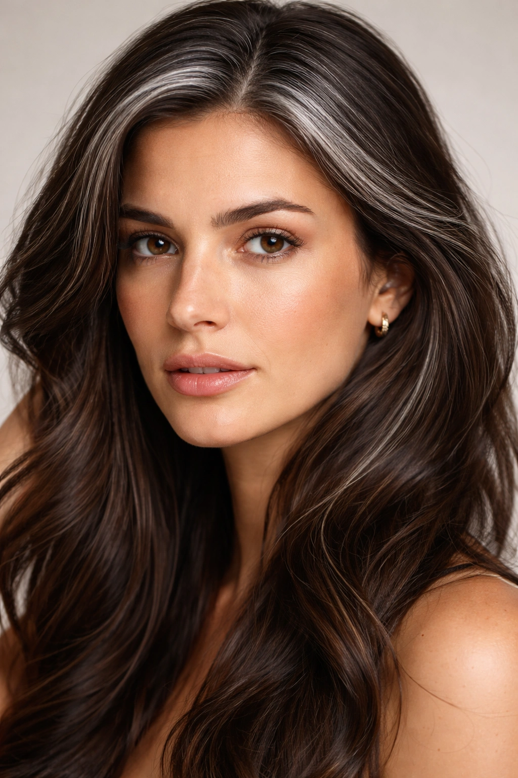 Close-up of brunette with visible grey strands creating high contrast against dark hair