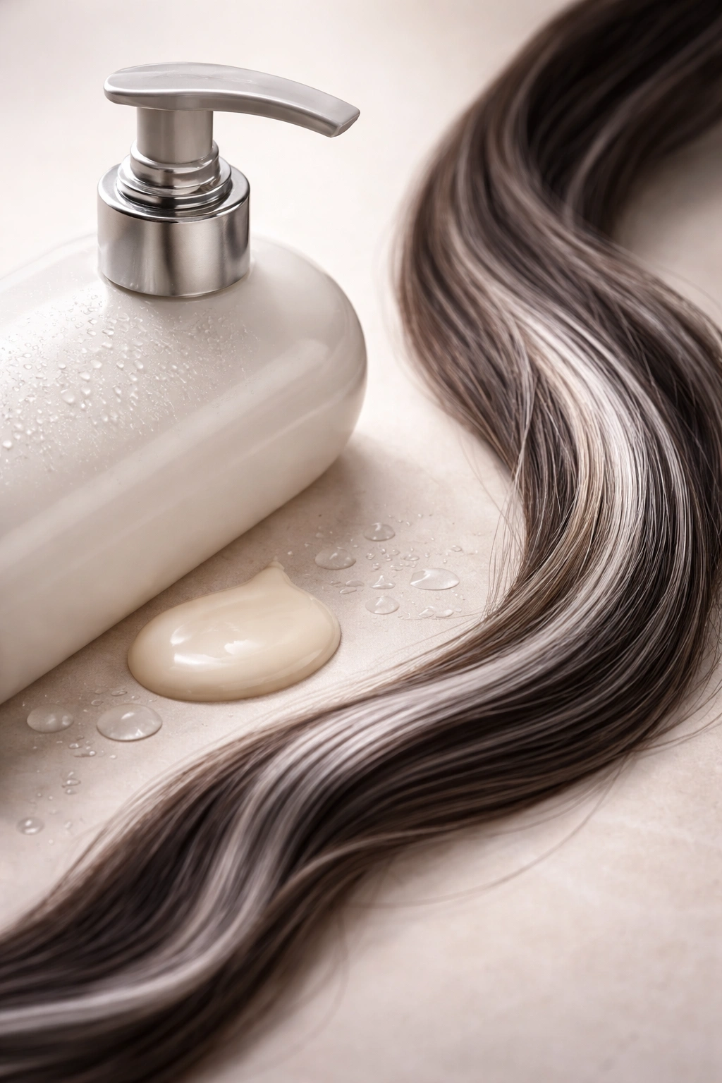 Macro image of conditioner bottle and grey hair strand symbolizing grey blend maintenance