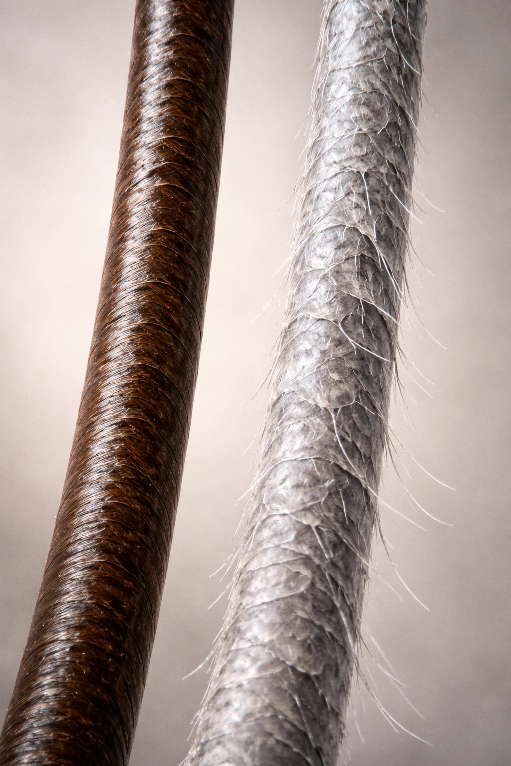 Two hair strands contrast pigment and texture to illustrate why grey hair feels different