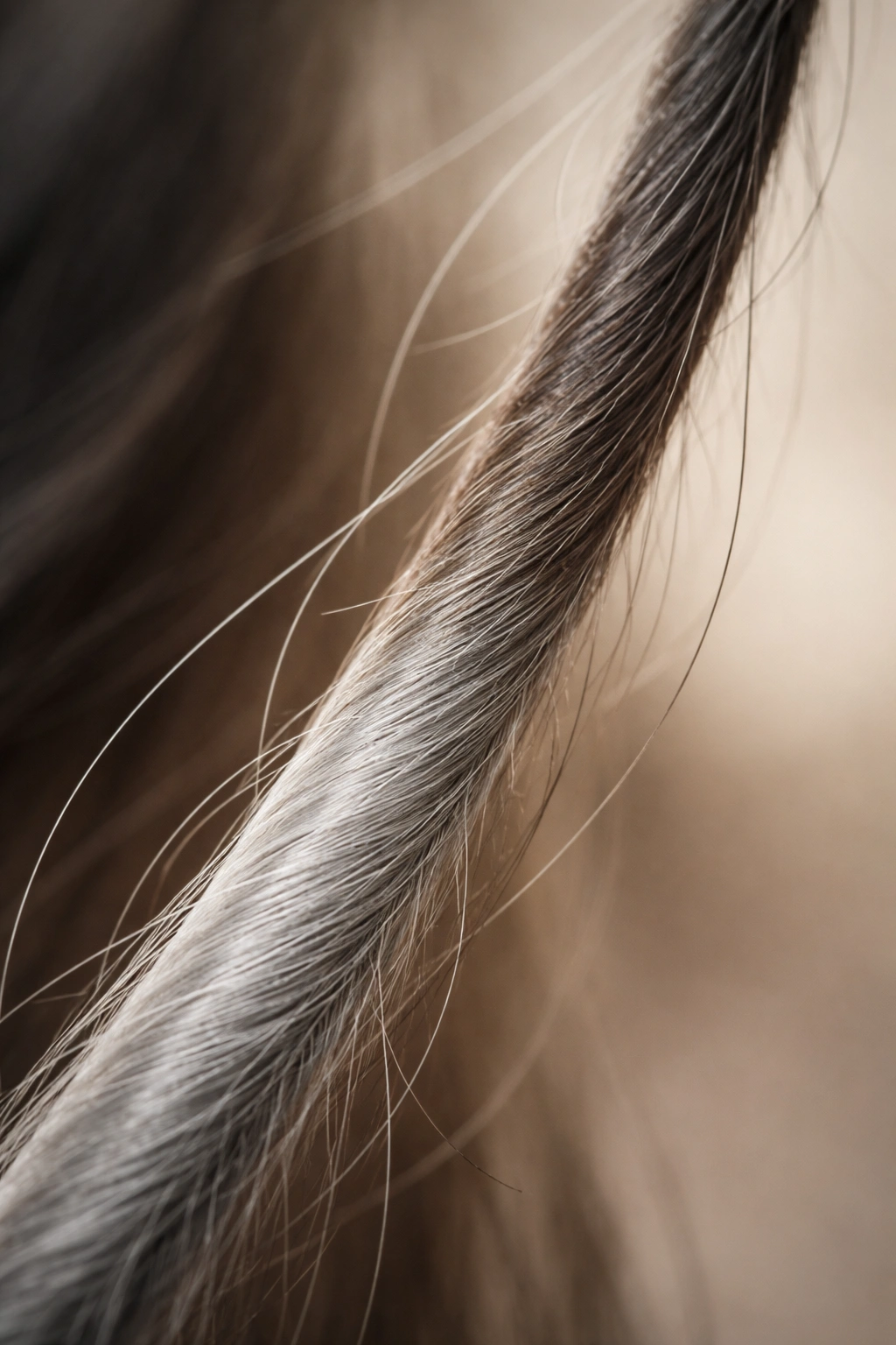 Hair strand transitioning from dark to grey along its length