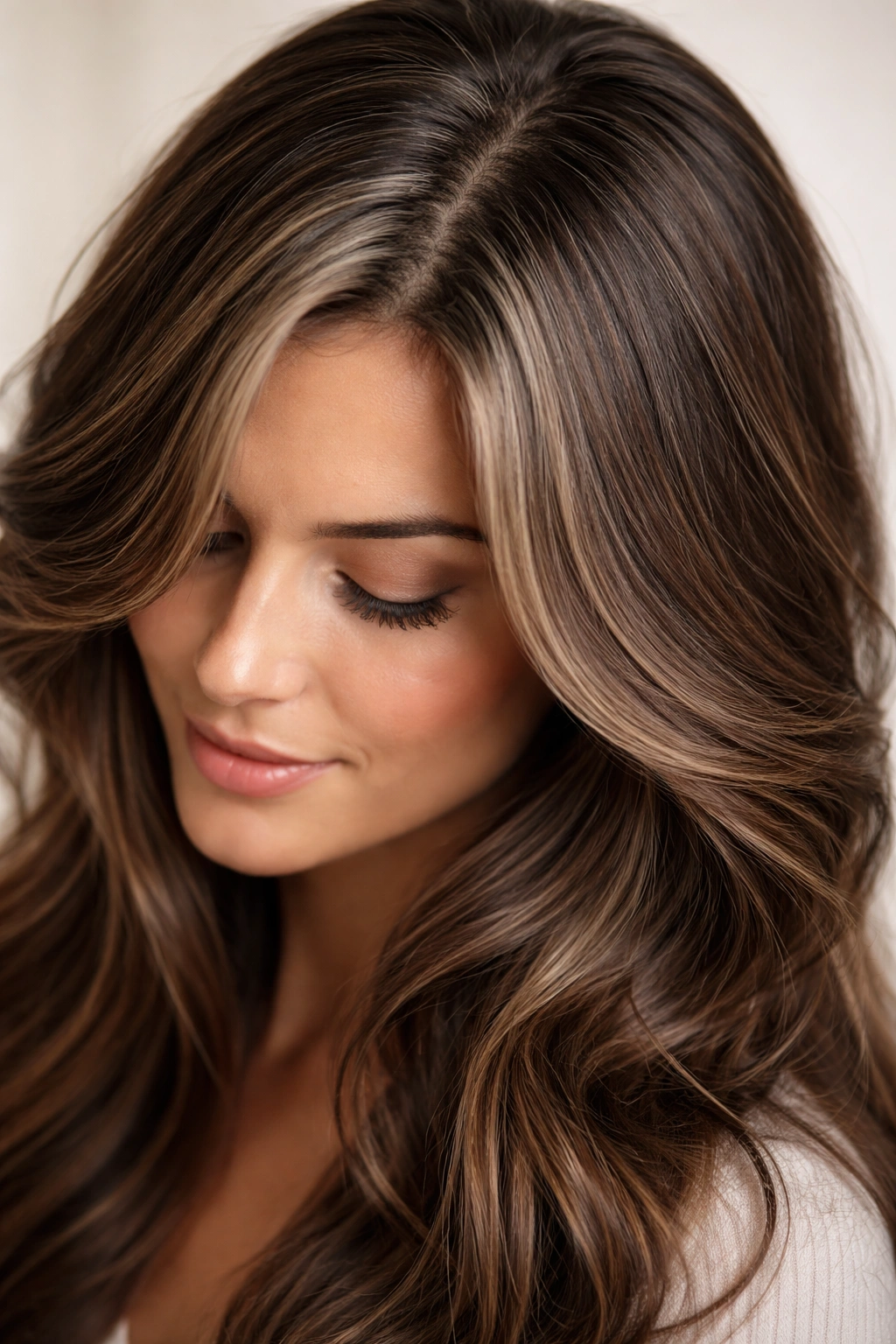 Brunette with grey roots camouflaged by soft waves
