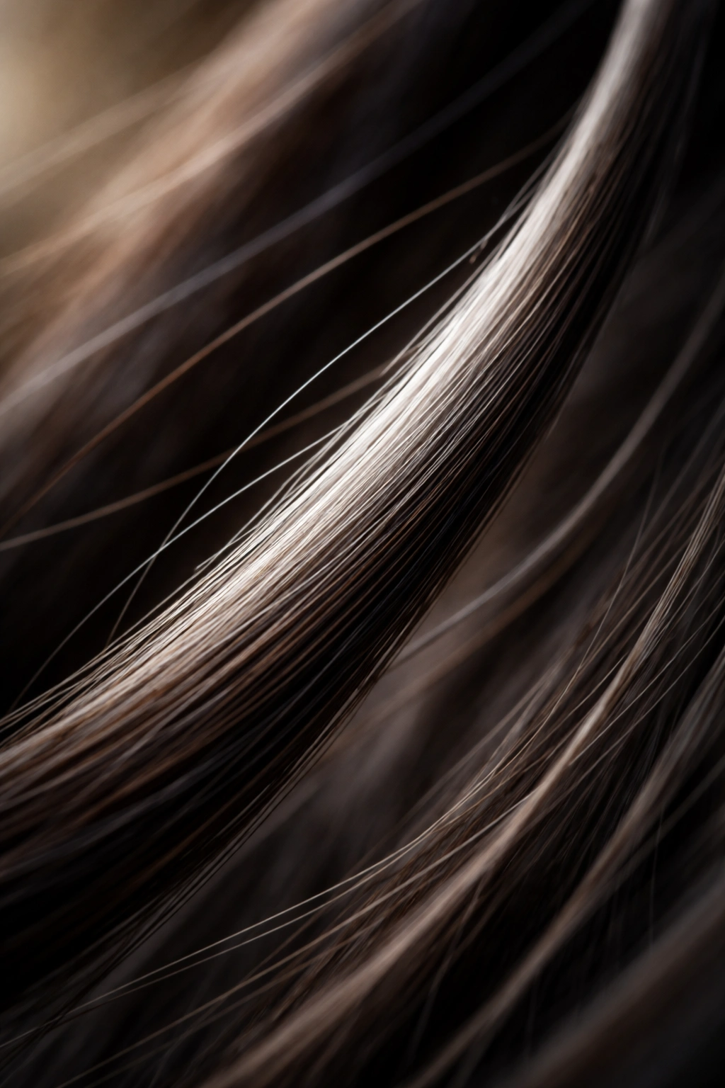 Hair strand with grey at the root fading to darker color toward the tip