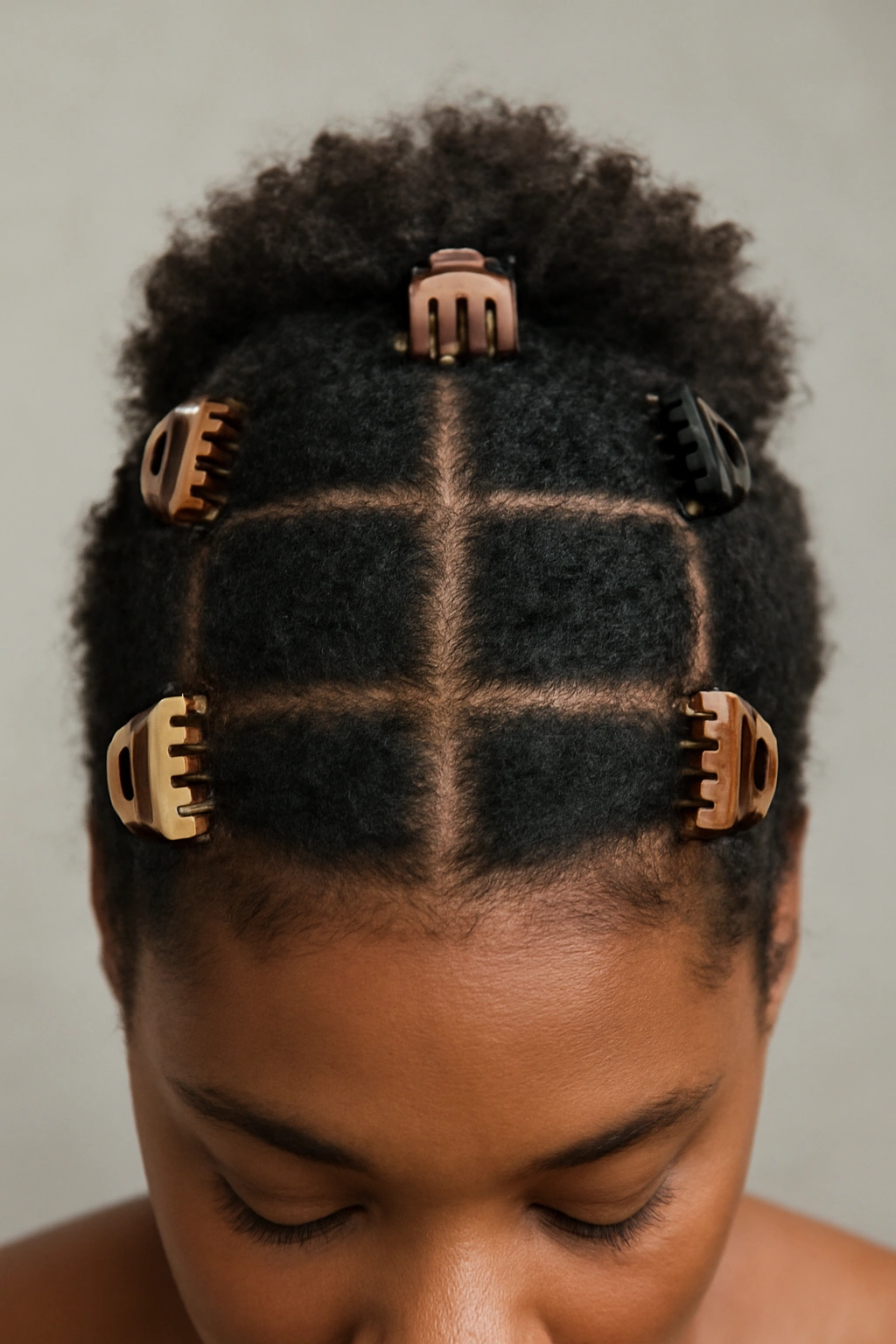 10 Claw Clip Hairstyles That Work for Black Hair 9 Top-down view of hair in a grid pattern secured by multiple claw clips