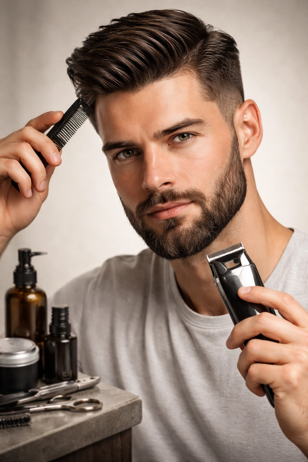 Close-up portrait of a man with neatly trimmed beard and styled hair, emphasizing grooming maintenance