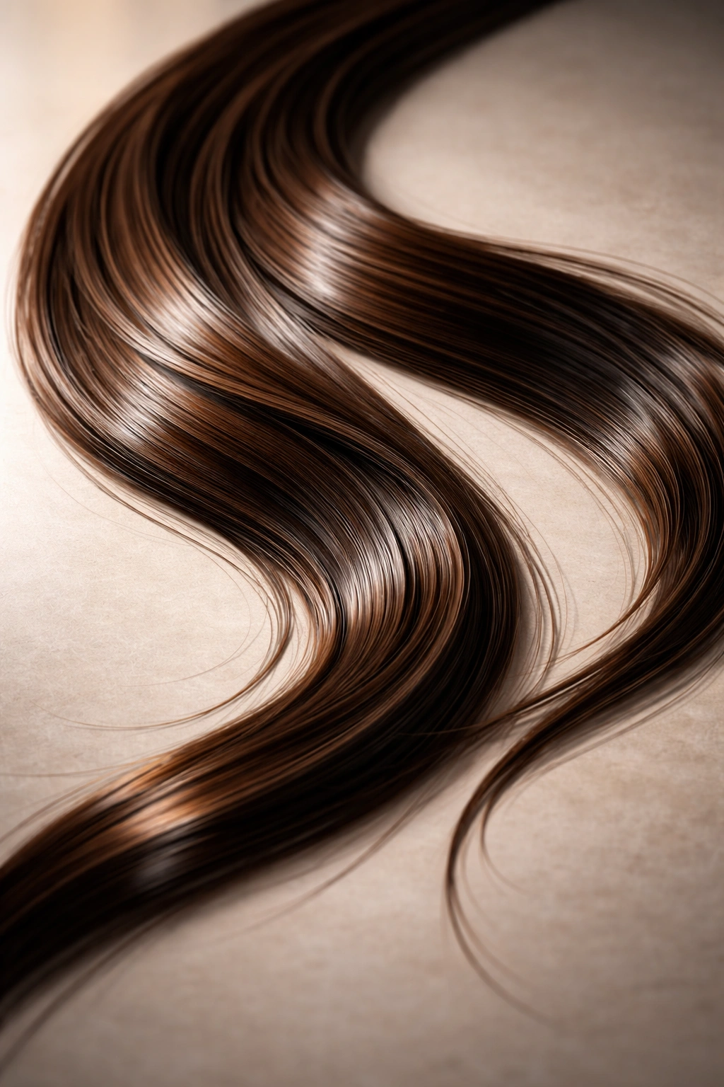 Close-up of several long glossy hair strands on a clean surface