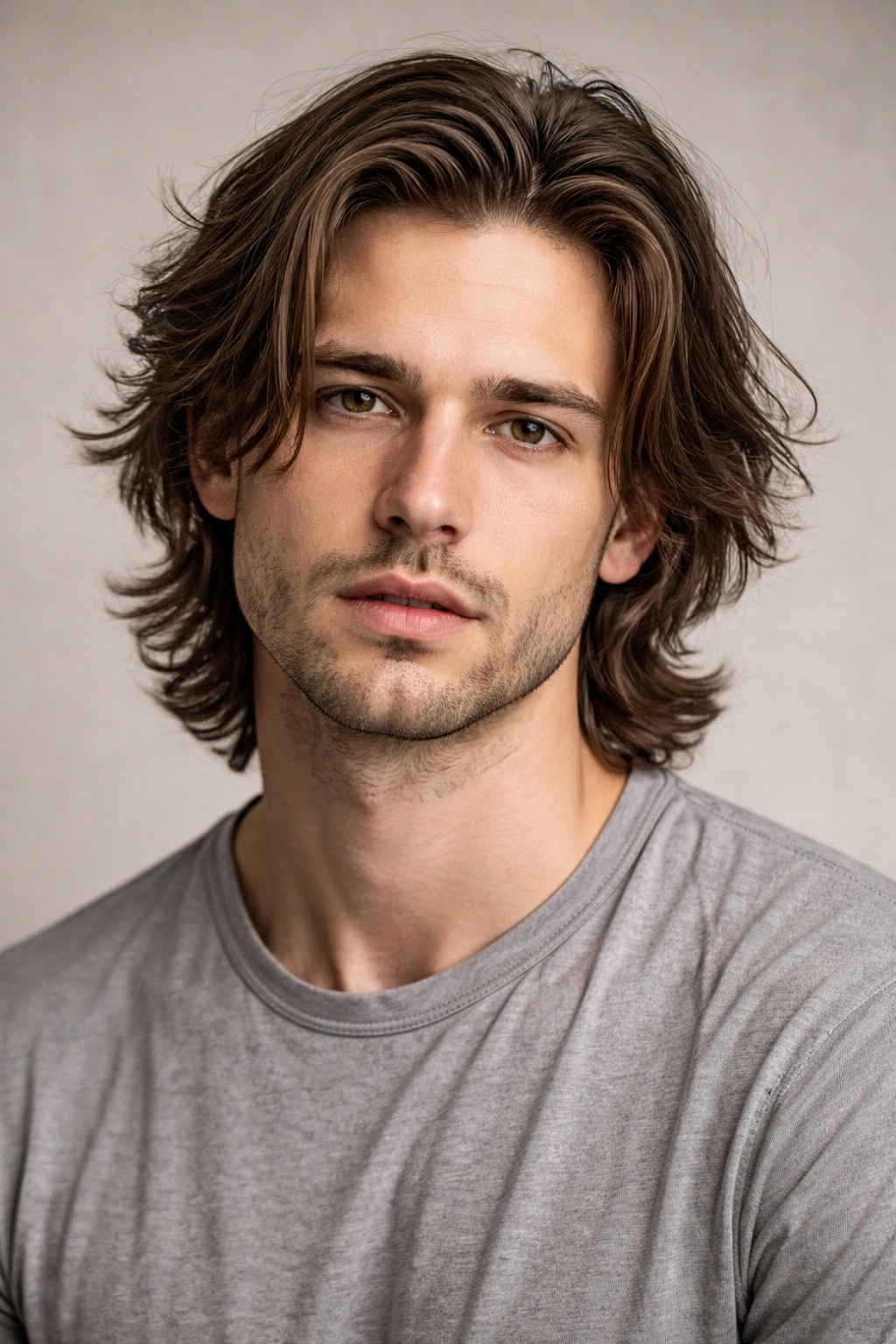 Portrait of a man with mid-length awkward hair during the growing-out phase