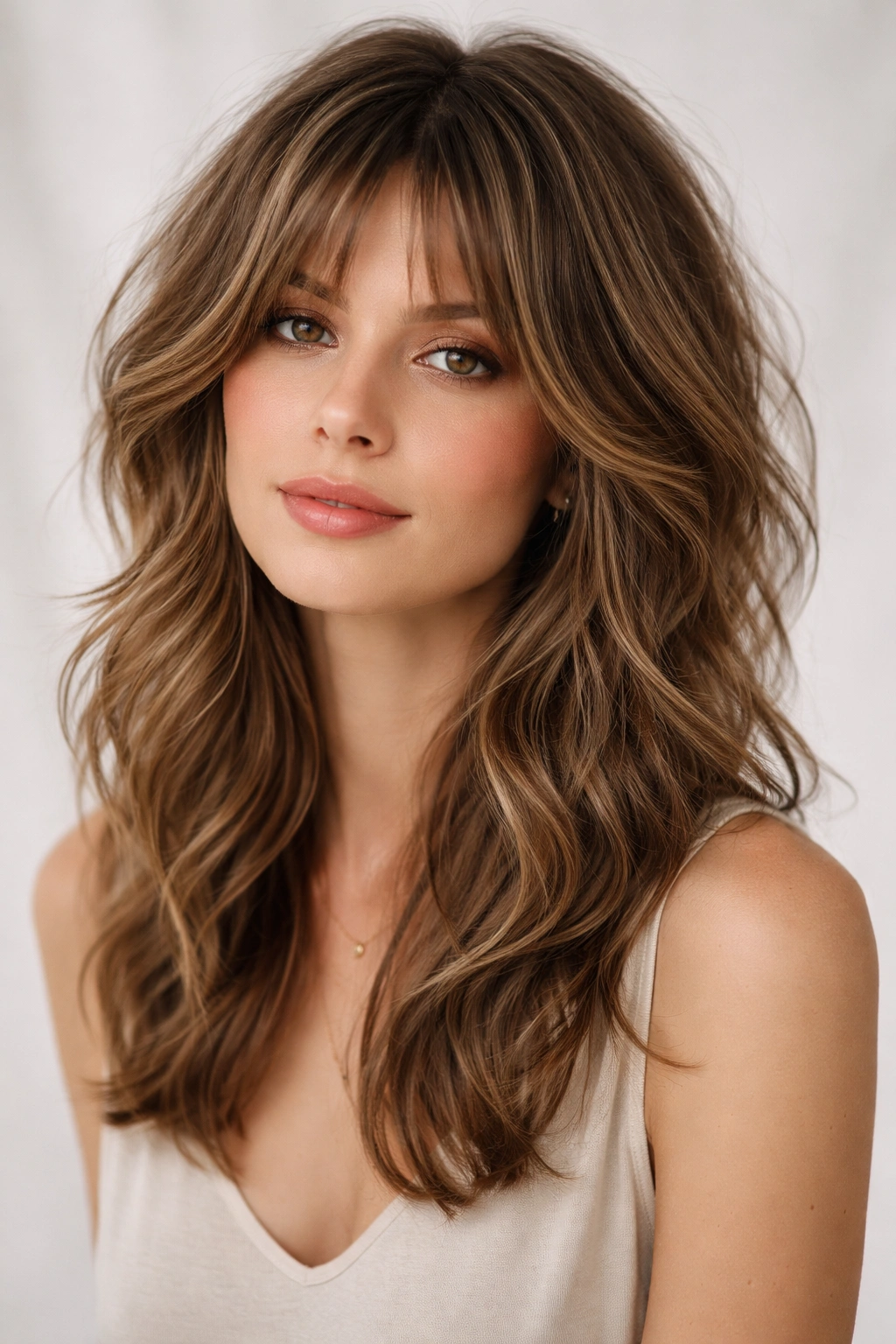 Front view of The Shag with Grown-Out Bangs blended into layers