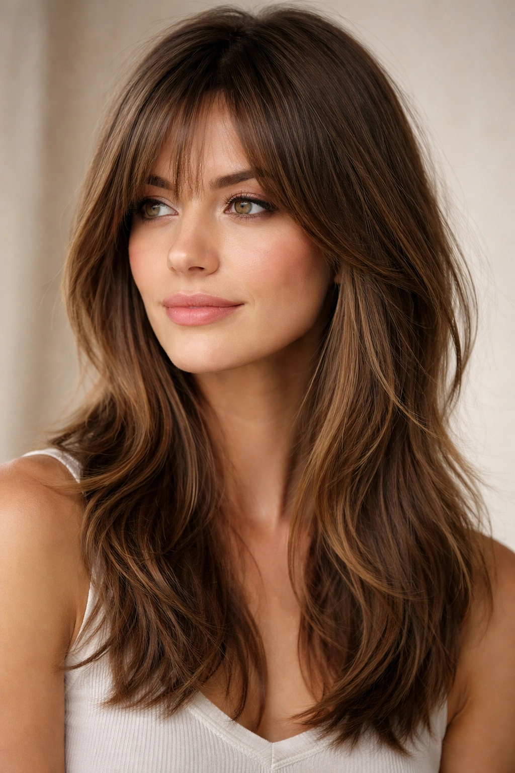 20 Medium Hairstyles With Bangs For Any Face 11 Grown-out bangs with subtle layers blending into medium-length hair.