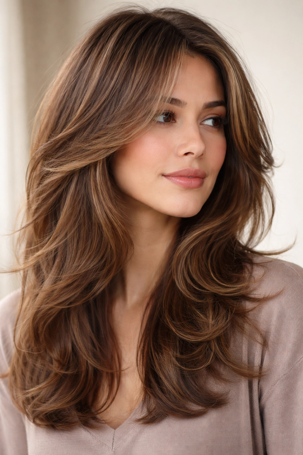 12 Butterfly Haircuts For Medium Length Layers 11 Close-up of grown-out butterfly cut with soft blended layers and movement