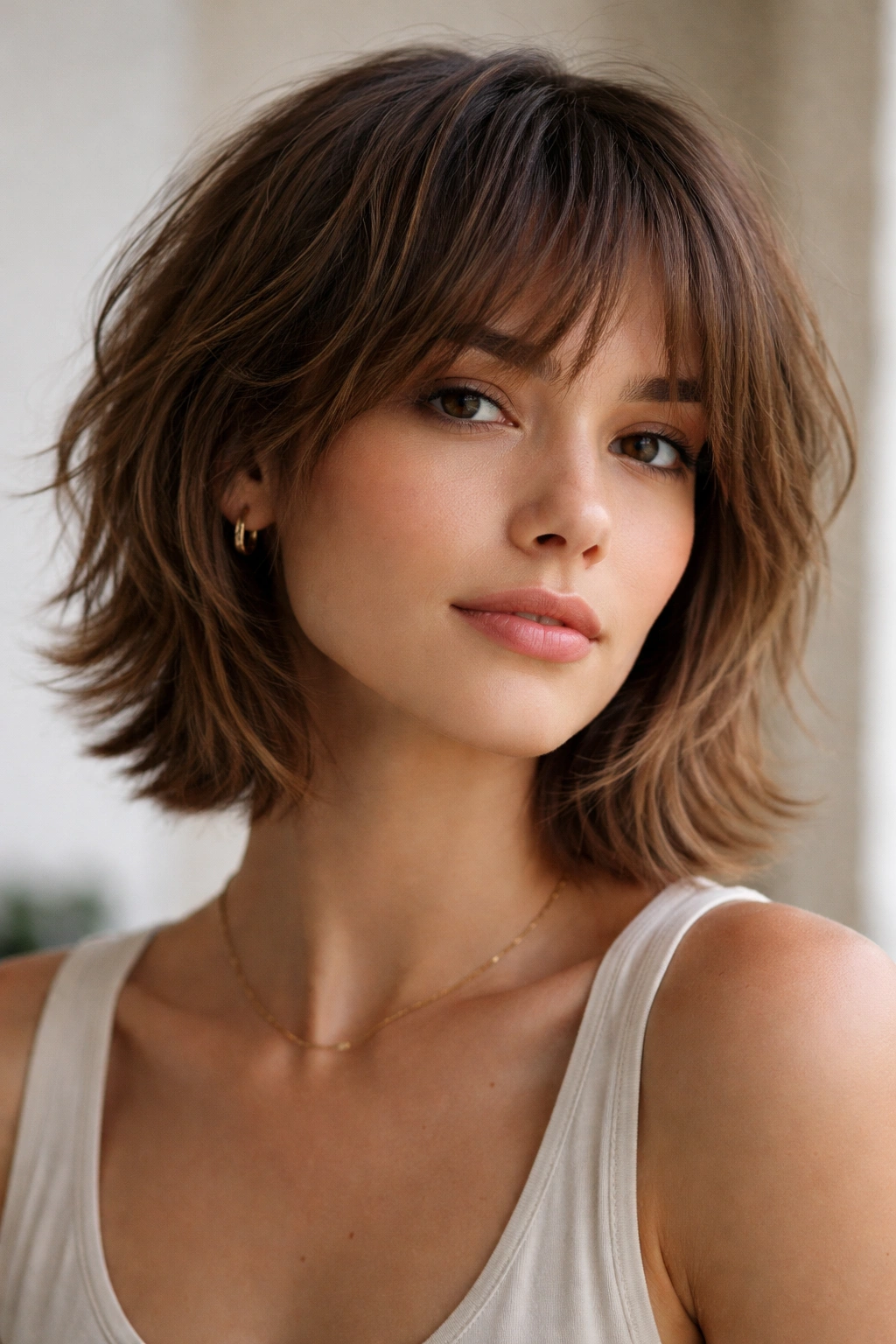Portrait of a person with grown-out choppy baby cut showing texture and length