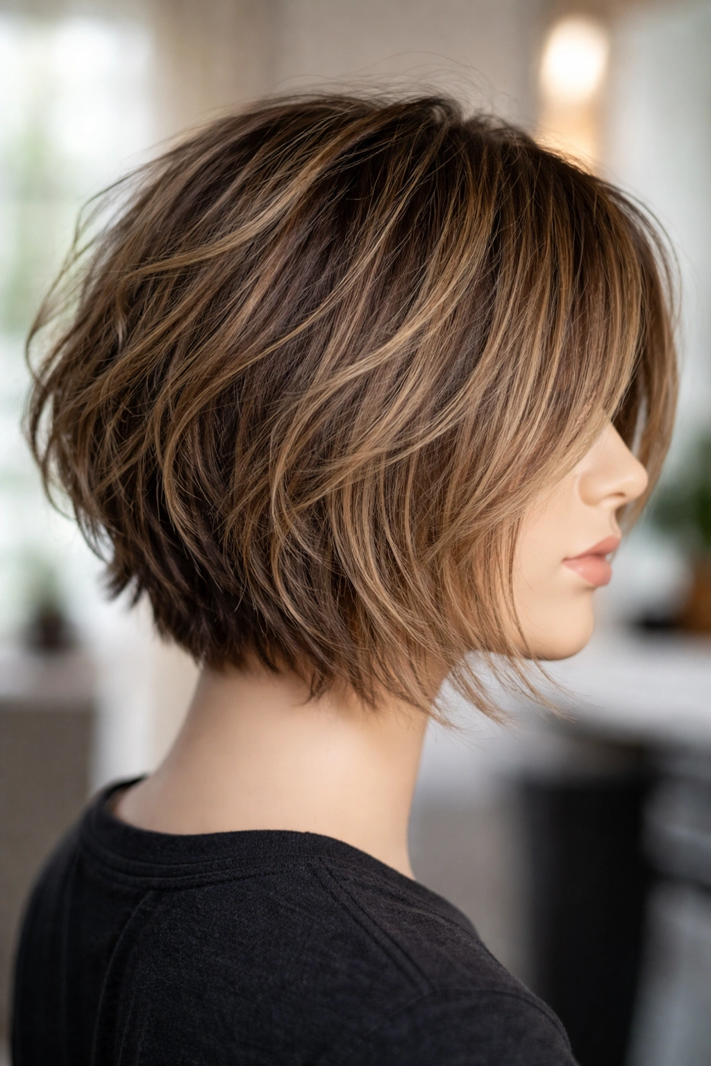 Grown-out choppy stacked bob with uneven layers.