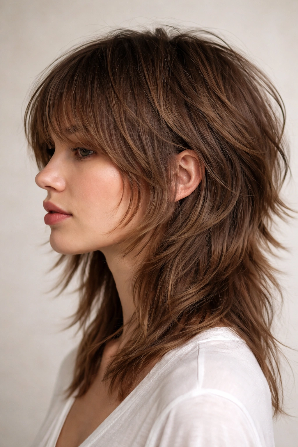 Profile view of a grown-out fringe wolf cut with a blended fringe