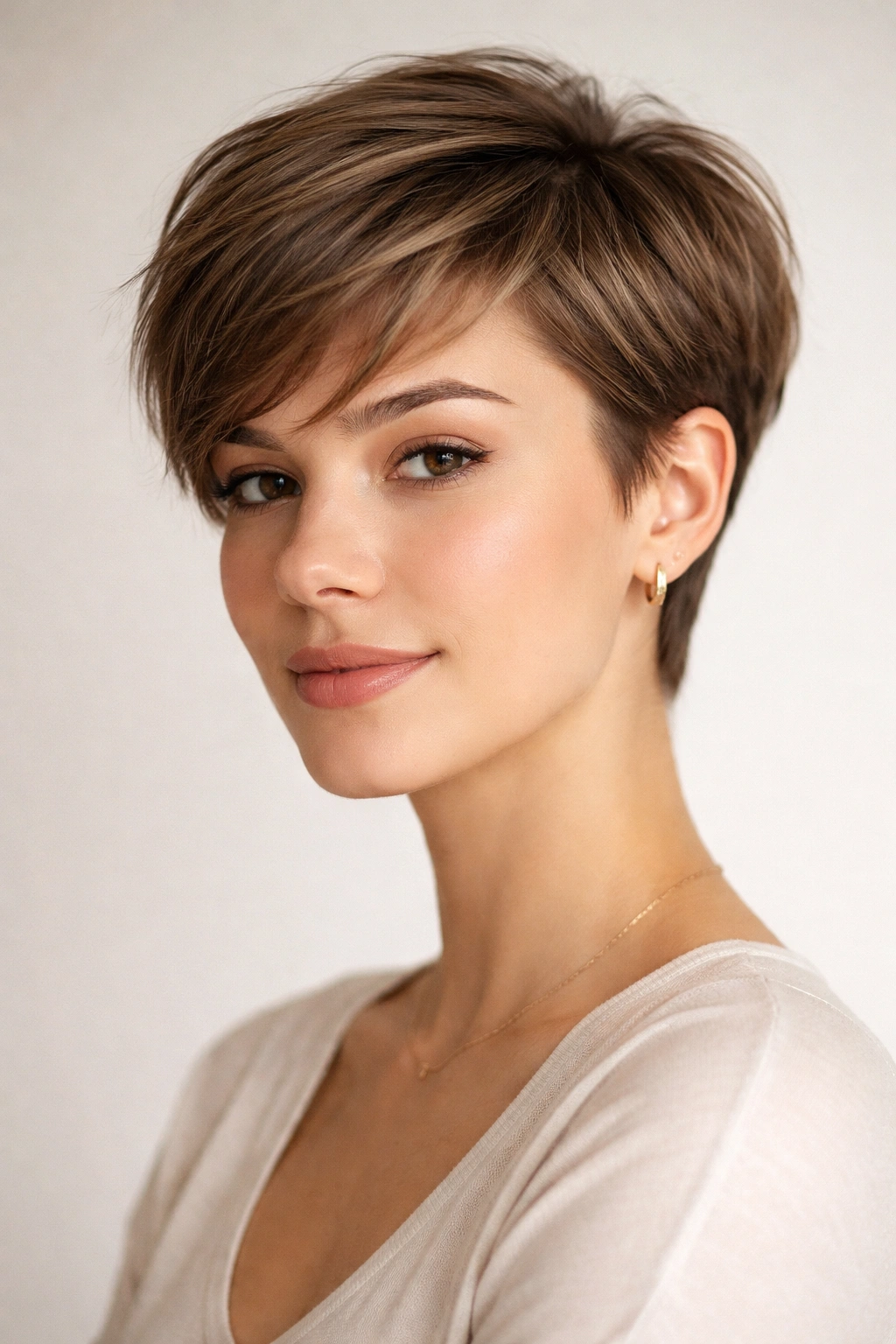 Portrait of a pixie with 2-3 inch top and short sides.