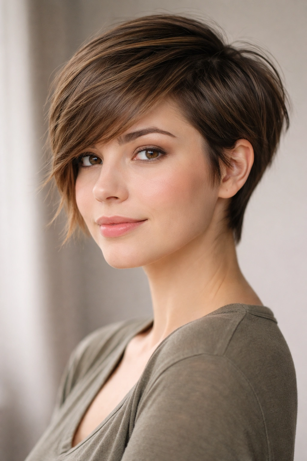 12 Pixie Cuts That Look Great On Rounder Faces 9 Grown-out pixie with asymmetrical layers and angled front framing the face