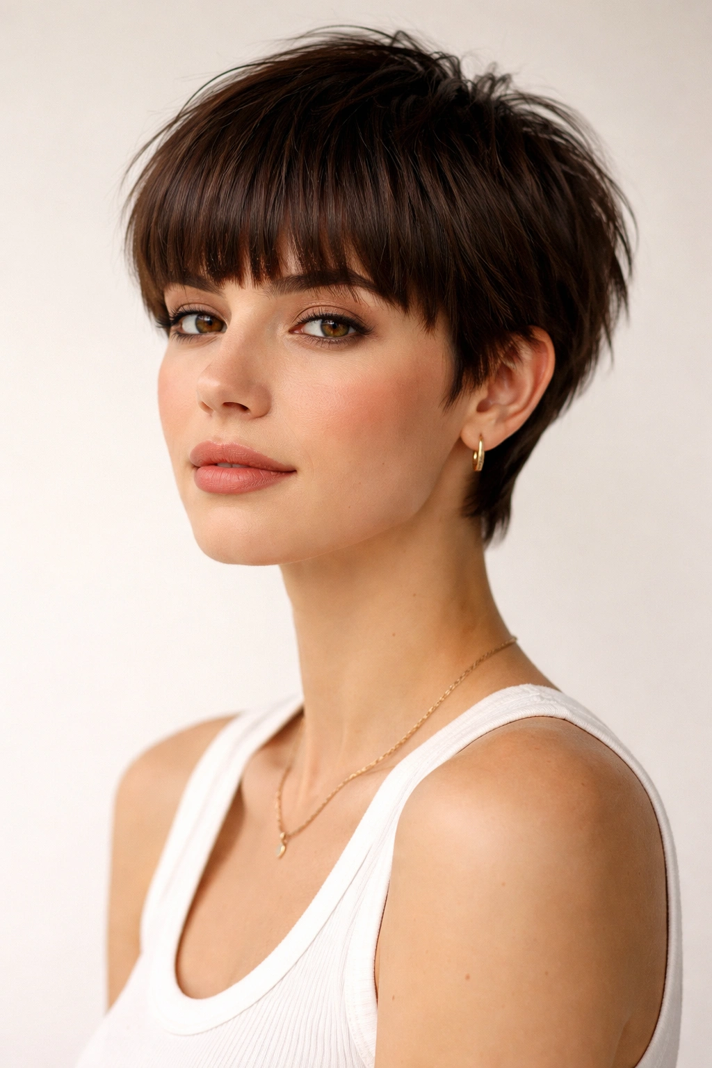 10 Short Haircuts With Thick Blunt Bangs To Try 8 Grown-out pixie with straight blunt bangs on a model in a studio portrait