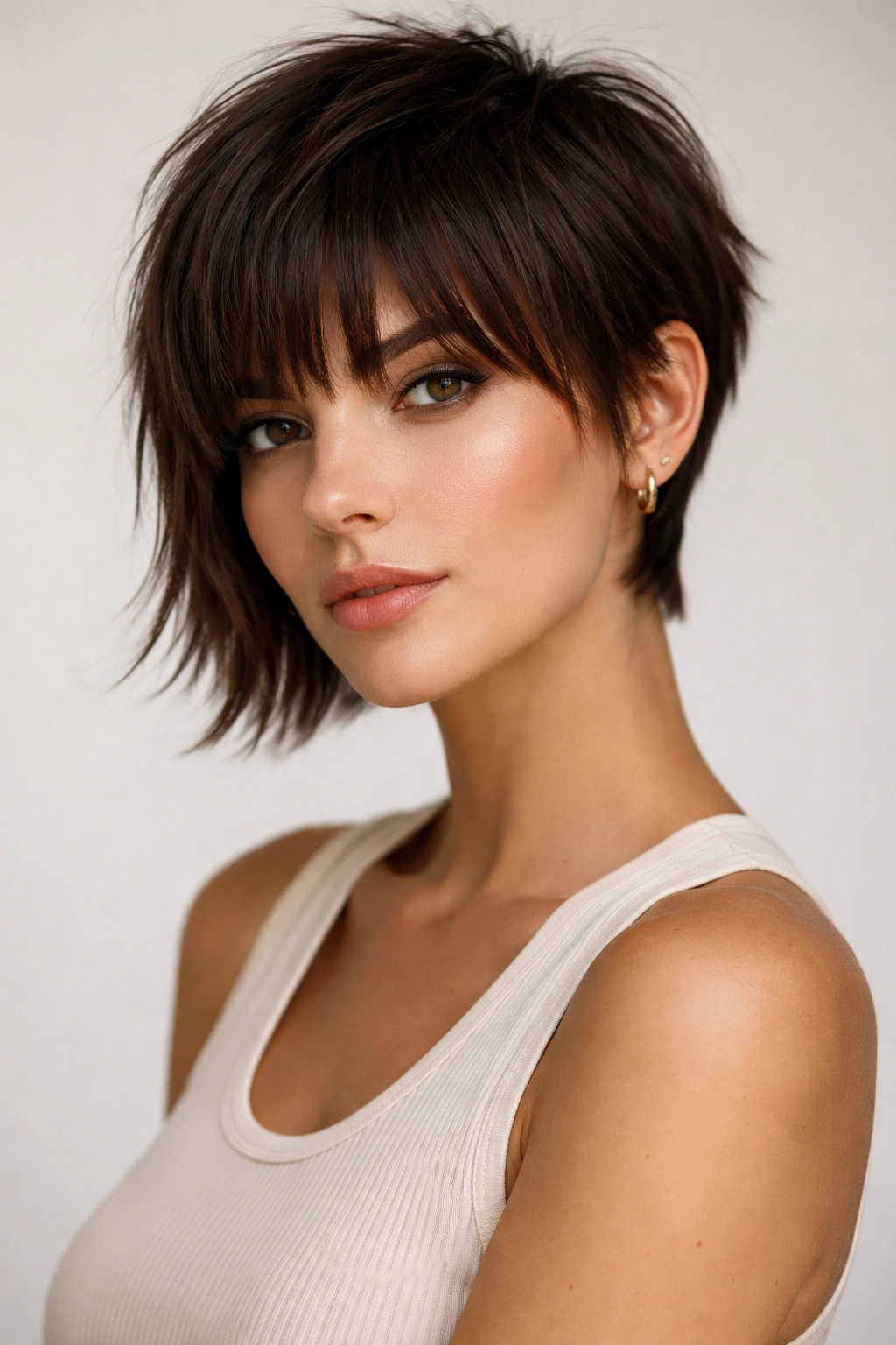 18 Pixie Cuts With Bangs For Any Face Shape 10 Portrait of The Grown-Out Pixie with Blunt-Cut Bangs showing longer top and blunt mid-cheek bangs.