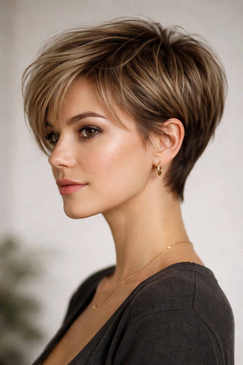 Close-up of a grown-out pixie bob with 3-4 inches length and longer top