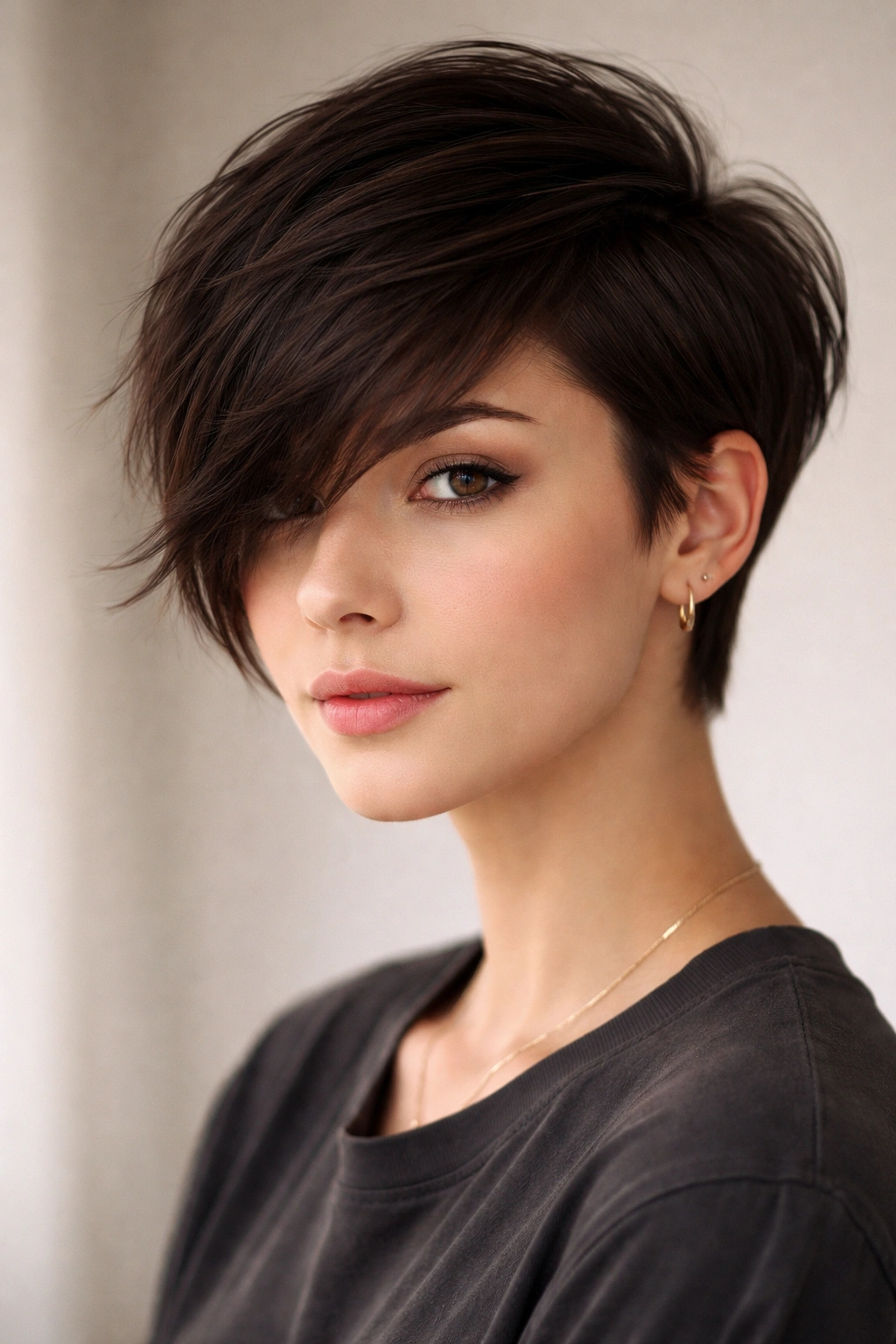 20 Short Pixie Haircuts That Practically Style 14 Portrait of a person with a grown-out pixie and dramatic swept fringe
