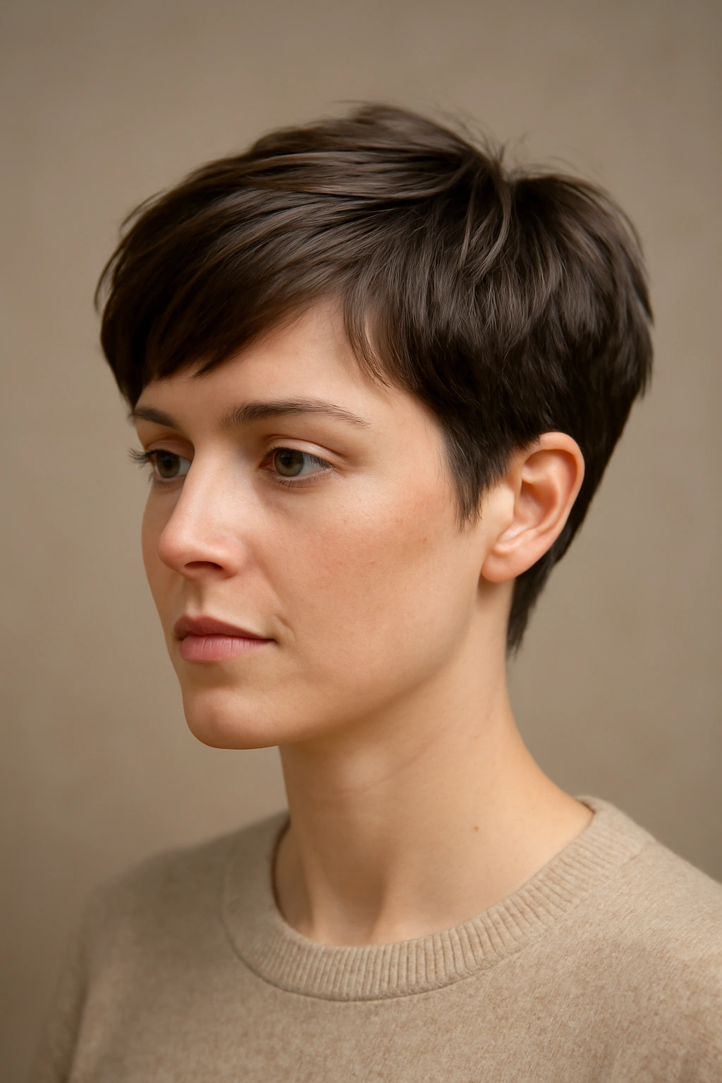 12 Short Haircuts That Work on Baby Fine Hair 7 Close-up portrait of a person with a grown-out pixie haircut showing longer top and short sides.