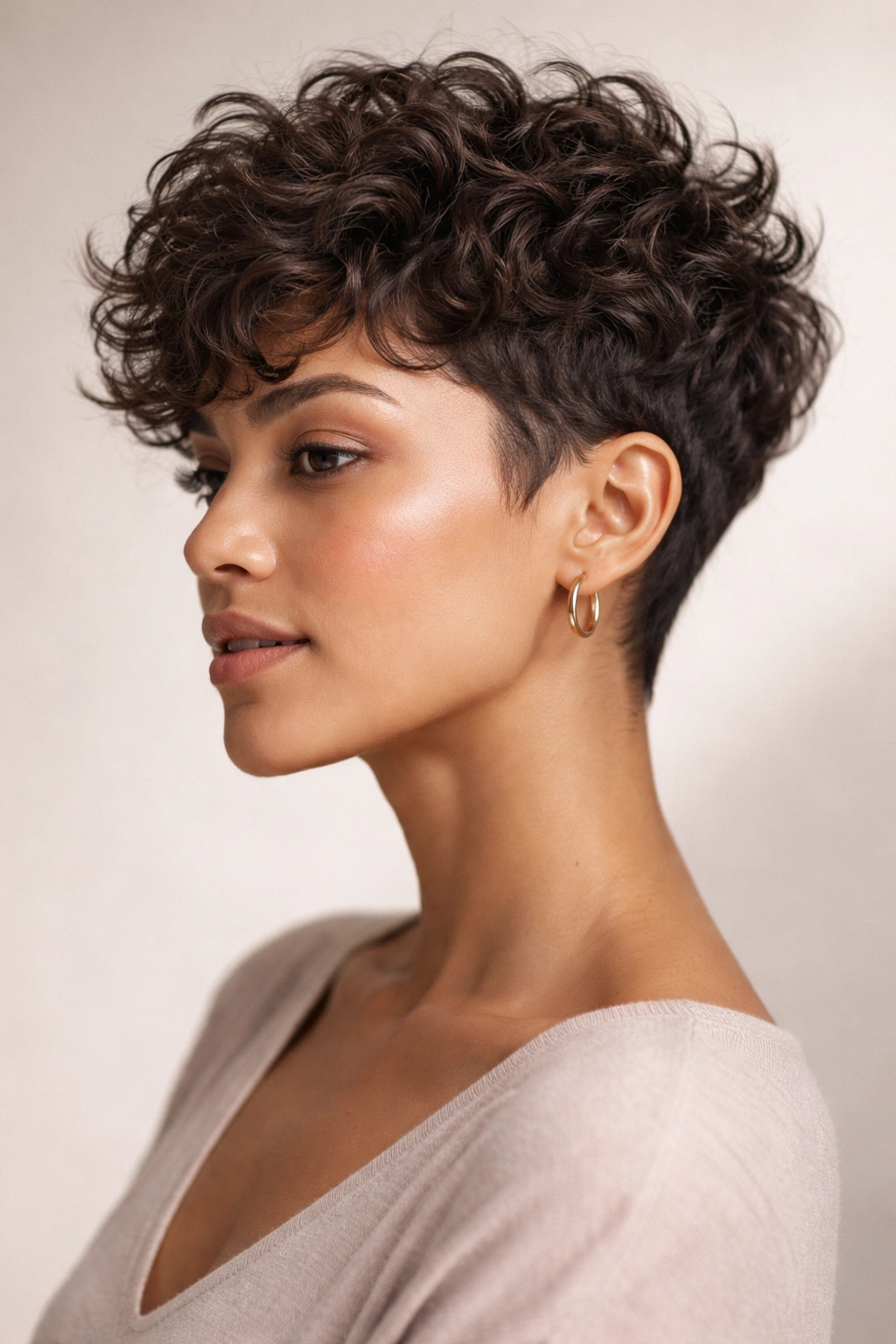 Portrait of a grown-out pixie with longer layered top and short sides